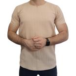 تیشرت نخی مردانه خنک و تنفس پذیر یقه کوبایی کرمی